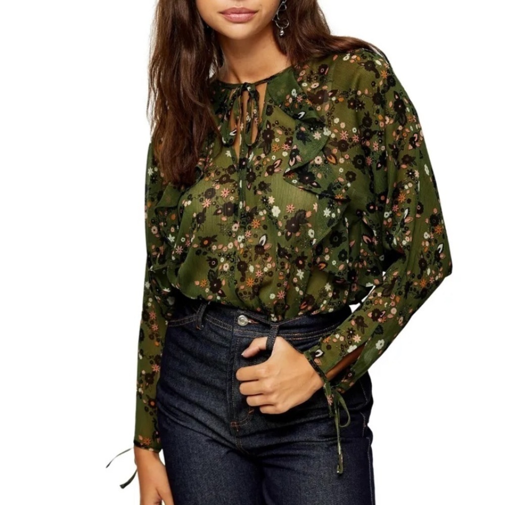 Topshop | Floral Ruffle Chiffon Blouse, Green Floral Size 2